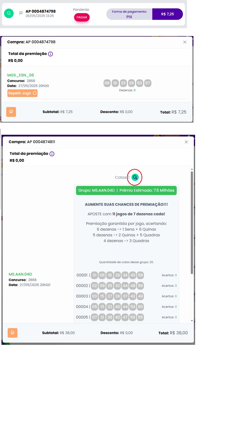 Exemplo de visualização dos jogos