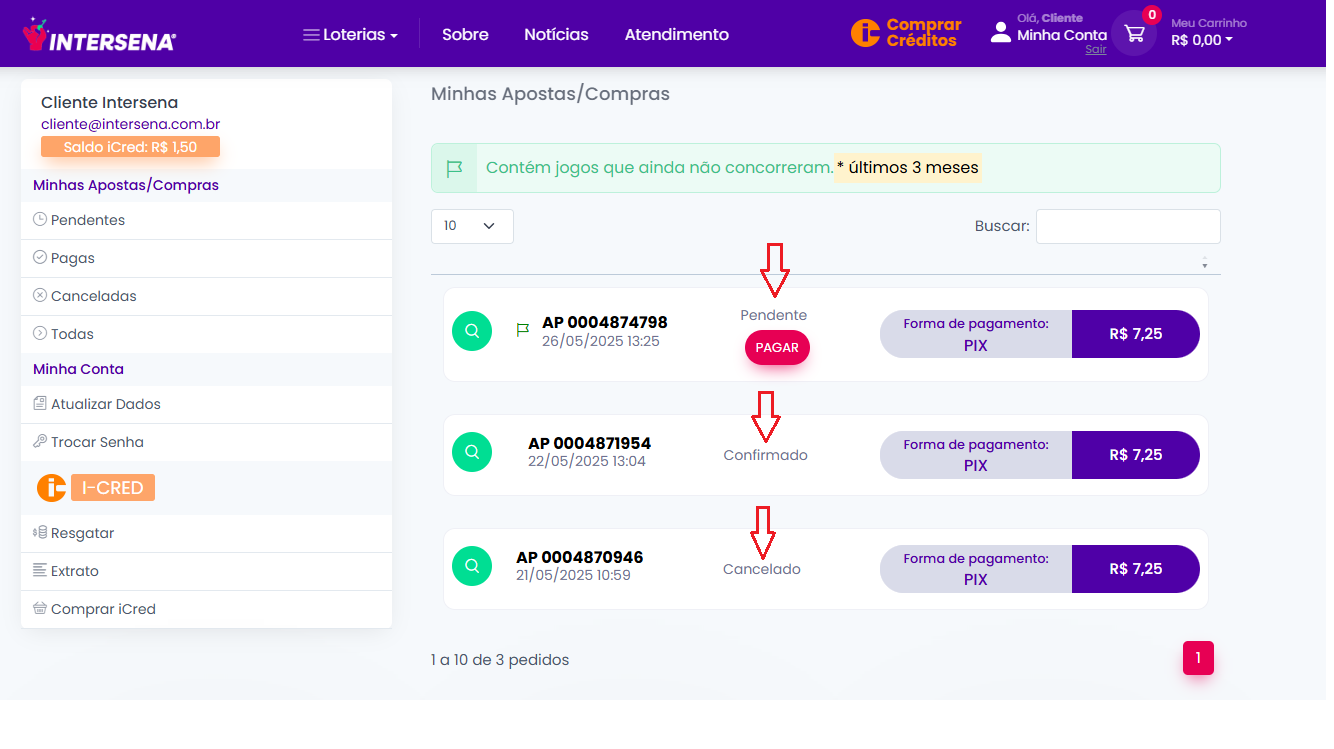 Exemplo da seção Minhas Apostas